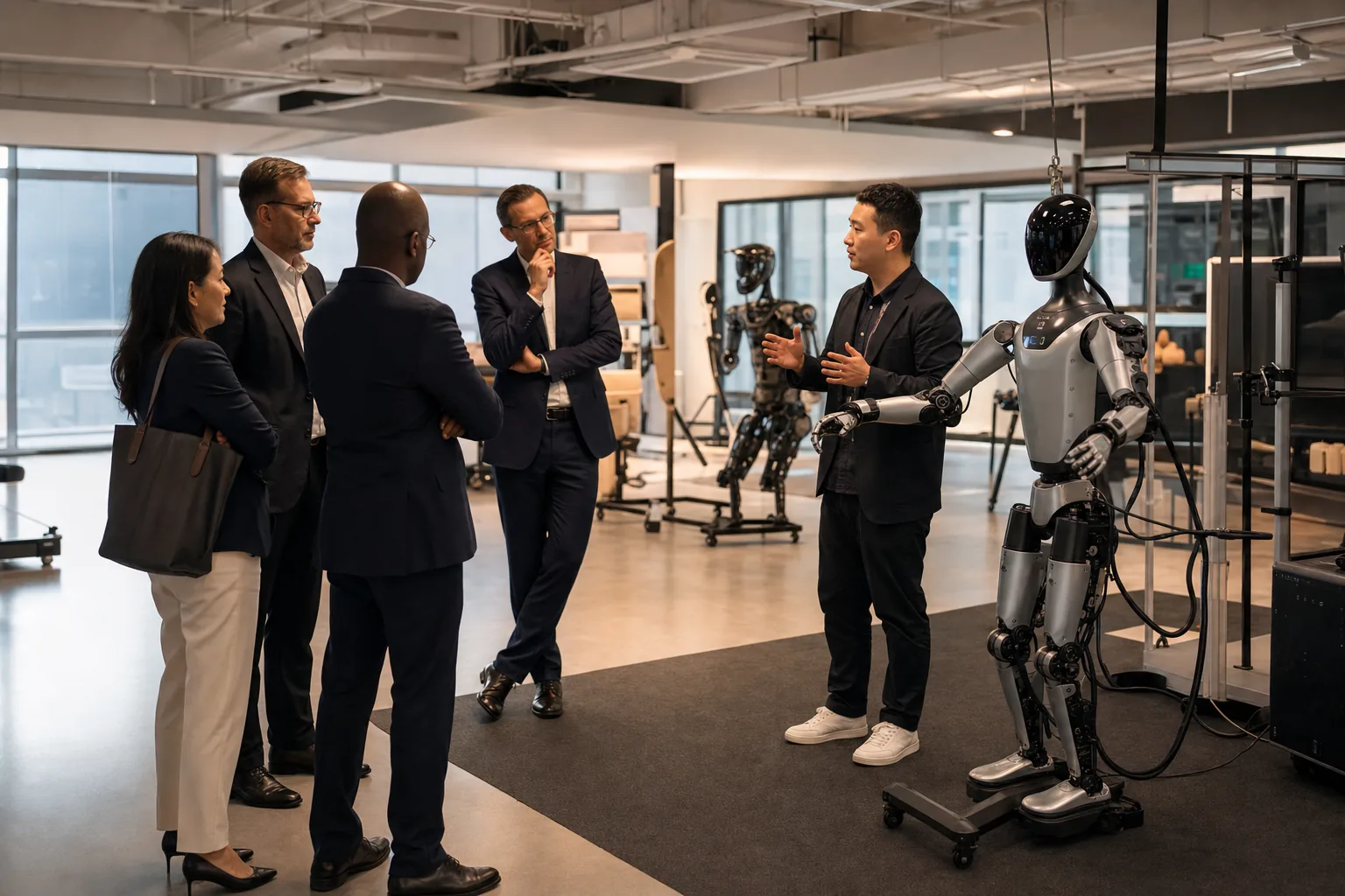 A person interacting with a humanoid robot